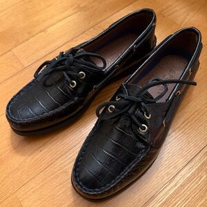 Sperry Black Croc-Embossed Leather Boat Shoes Size 8.5